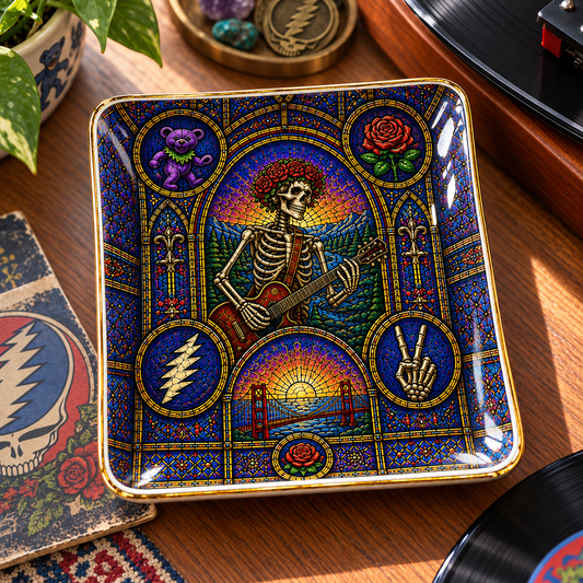 Grateful Dead Stained Glass Art Ceramic Jewelry Dish - Decorative Trinket Tray Ring Holder, Classic Rock Home Decor Gift