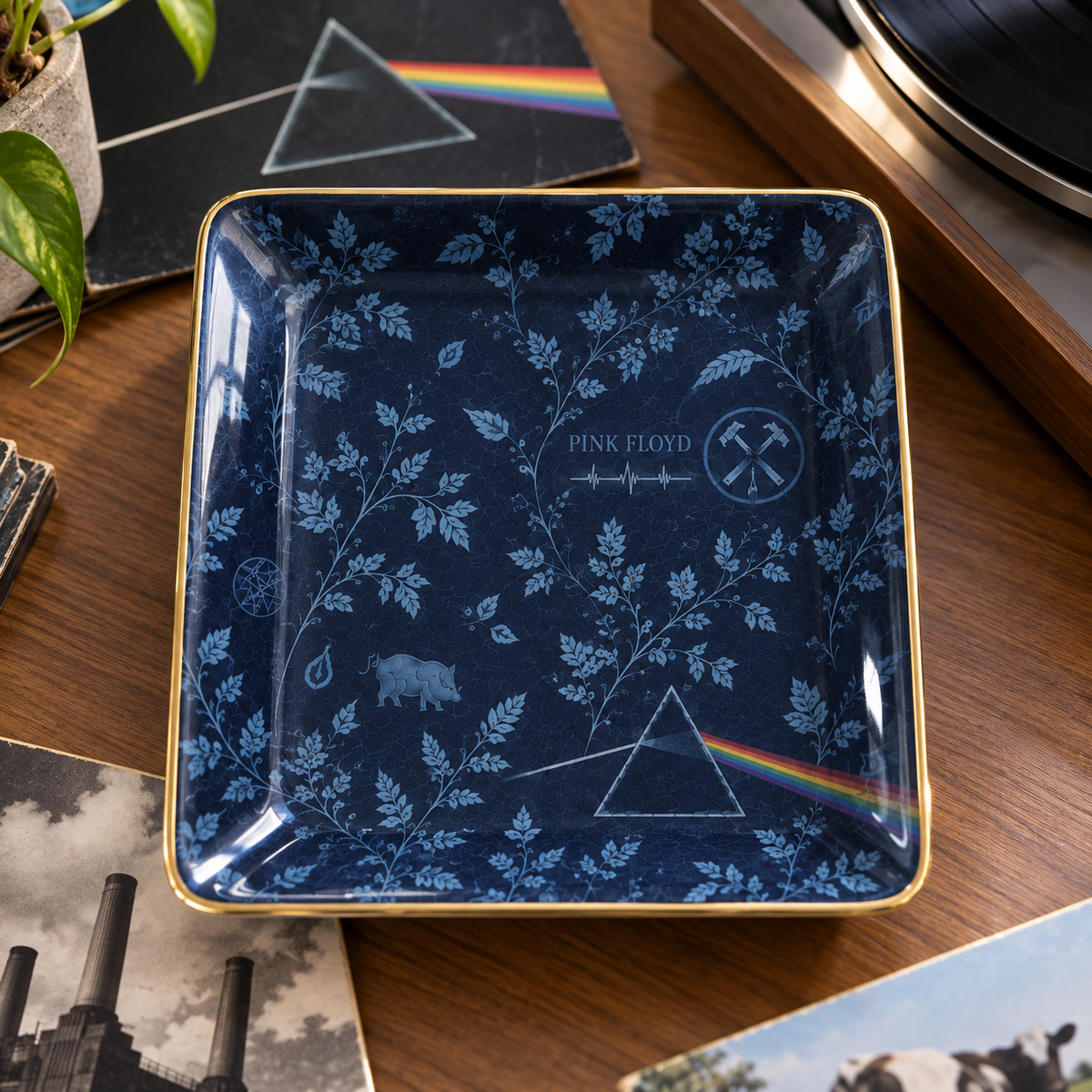 Pink Floyd Toile de Jouy Jewelry Dish - Ceramic Trinket Tray, Blue Floral Dark Side of the Moon Ring Holder, Rock Fan Gift