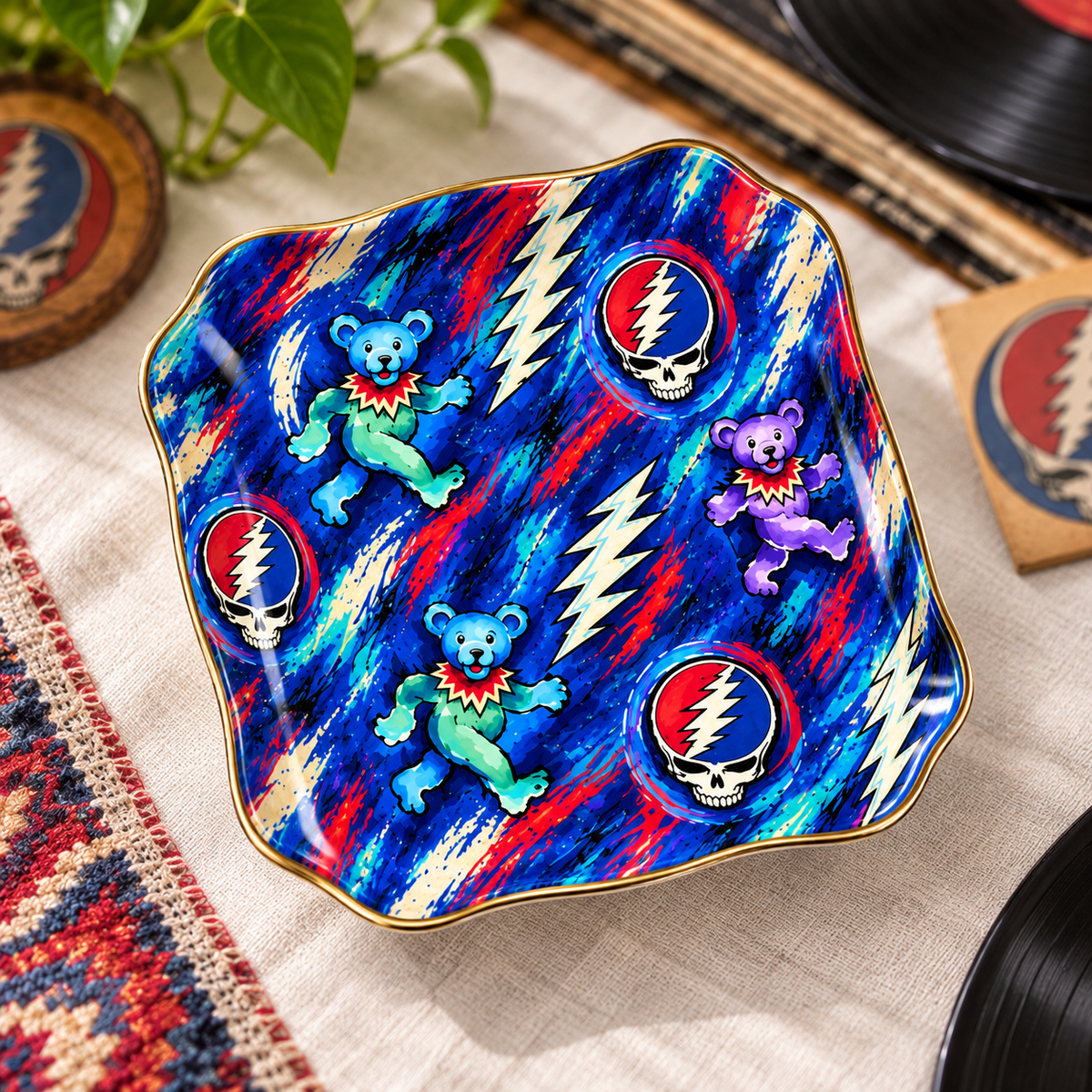 Grateful Dead Painterly Dancing Bears Jewelry Dish - Ceramic Trinket Tray, Steal Your Face Ring Holder, Rock Fan Gift