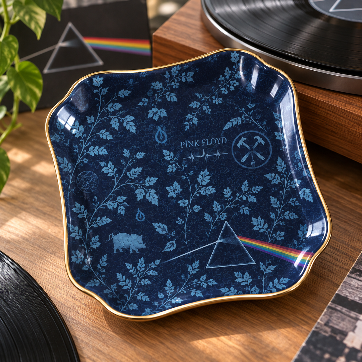 Pink Floyd Toile de Jouy Jewelry Dish - Ceramic Trinket Tray, Blue Floral Dark Side of the Moon Ring Holder, Rock Fan Gift