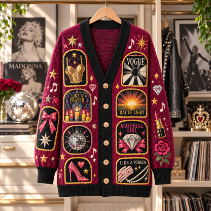 Madonna Patchwork Cardigan, Vogue Like a Prayer Material Girl Knit Sweater, Vintage Pop Icon Cardigan Gift