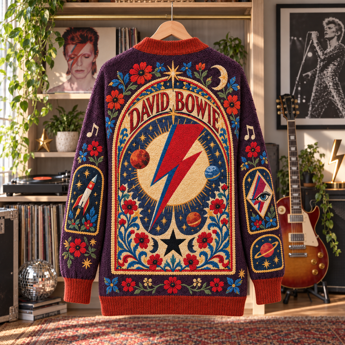 David Bowie Patchwork Cardigan, Ziggy Stardust Space Oddity Blackstar Knit Sweater, Vintage Glam Rock Cardigan Gift