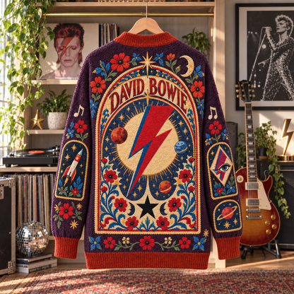 David Bowie Patchwork Cardigan, Ziggy Stardust Space Oddity Blackstar Knit Sweater, Vintage Glam Rock Cardigan Gift