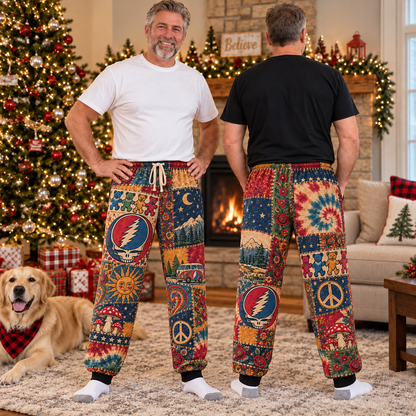Grateful Dead Rock Band Pajama Pants - Christmas Holiday Lounge Pants, Deadhead Fan Sleepwear & Gift for Men