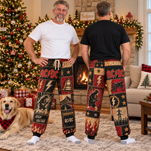 AC/DC Rock Band Pajama Pants - Christmas Holiday Lounge Pants, Hard Rock Fan Sleepwear & Xmas Gift for Men