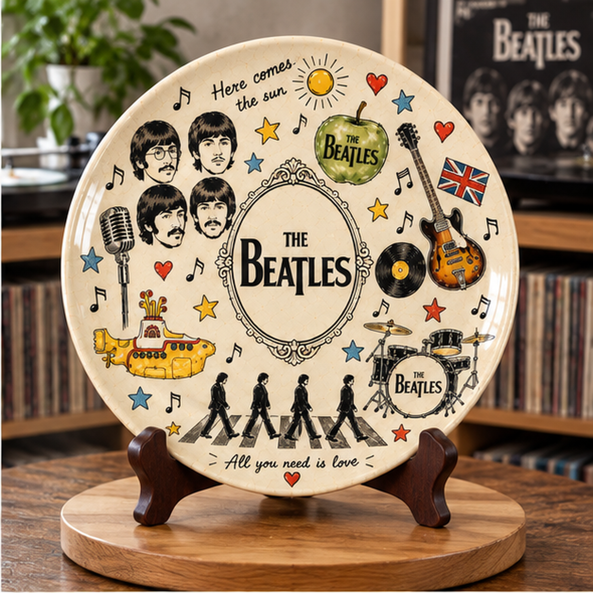 The Beatles Sketch Art Ceramic Plate - Decorative Wall & Table Display Dish, Abbey Road Yellow Submarine Rock Fan Gift