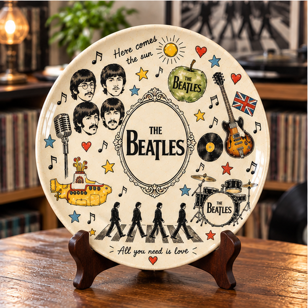 The Beatles Sketch Art Ceramic Plate - Decorative Wall & Table Display Dish, Abbey Road Yellow Submarine Rock Fan Gift