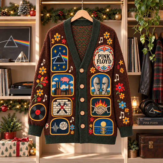 Pink Floyd Patchwork Cardigan, Dark Side of the Moon Folk Art Knit Sweater, Vintage Psychedelic Rock Cardigan Gift