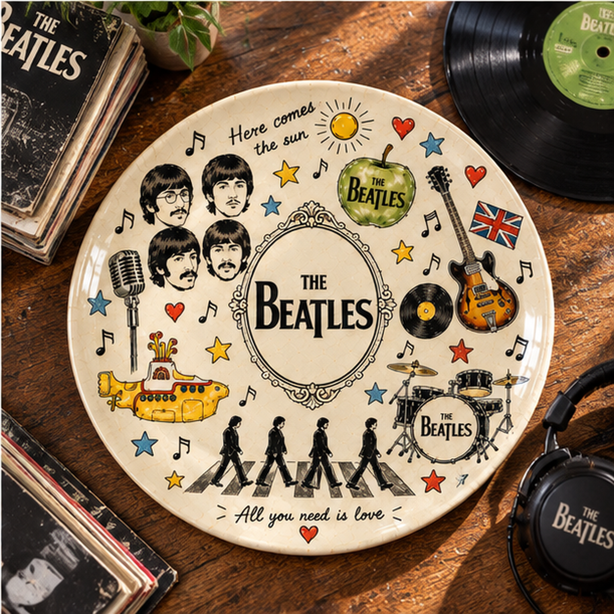 The Beatles Sketch Art Ceramic Plate - Decorative Wall & Table Display Dish, Abbey Road Yellow Submarine Rock Fan Gift