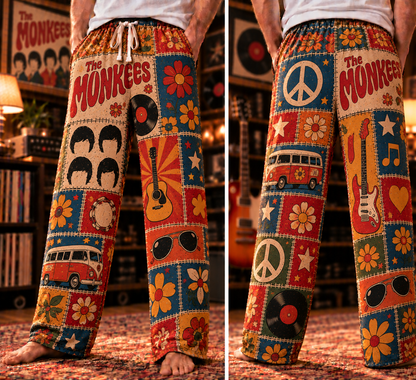 The Monkees Patchwork Pajama Pants - Vintage 60s Pop-Rock Art & Psychedelic Flower Power Lounge Pants with Elastic Waistband, Adjustable Drawstring & Two Side Pockets