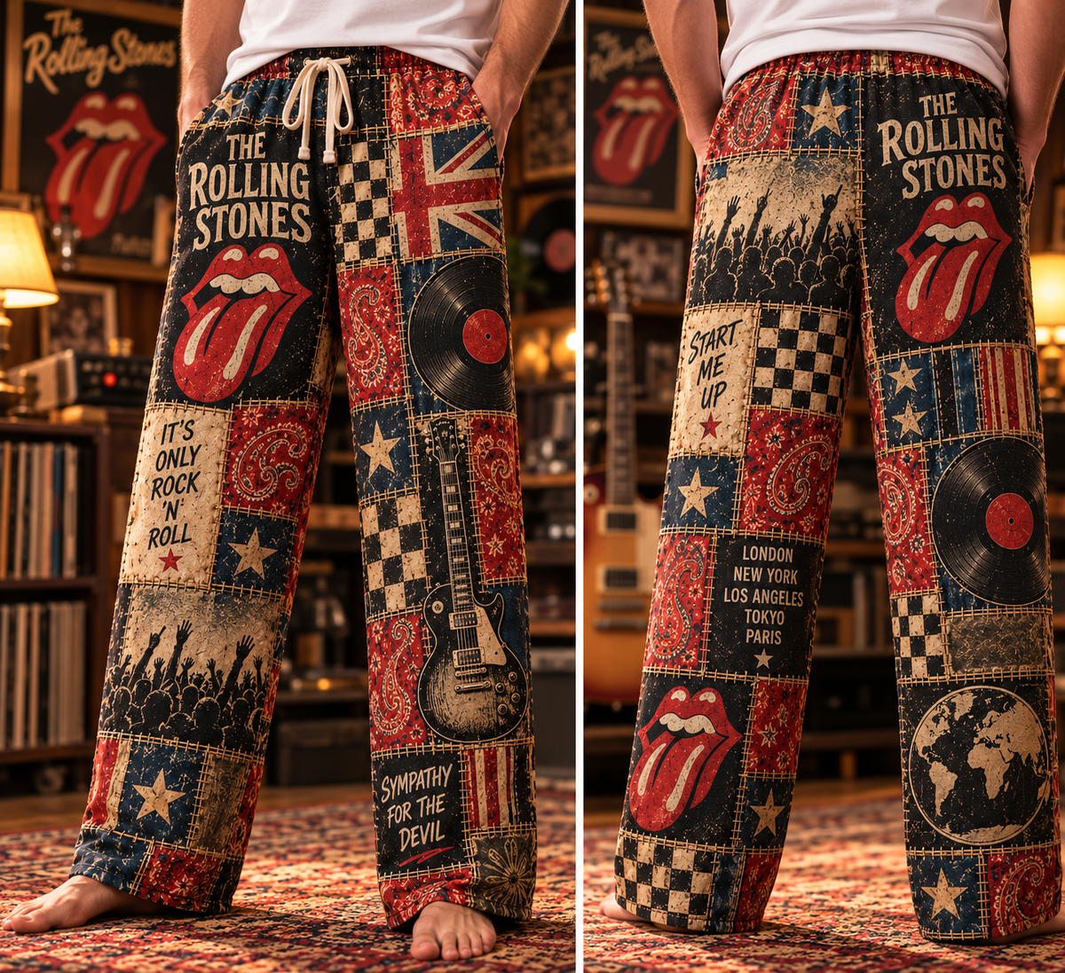 The Rolling Stones Rock Band Pajama Pants - Christmas Holiday Lounge Pants, Classic Rock Fan Sleepwear & Gift for Men